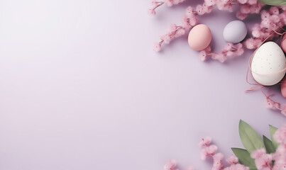 Festive Easter background. Easter eggs with flowers on violet table. Flat lay.