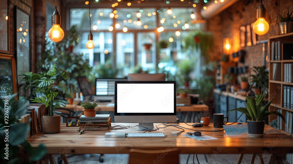 Poster monitor or computer with white blank screen on desk with space for text or graphics