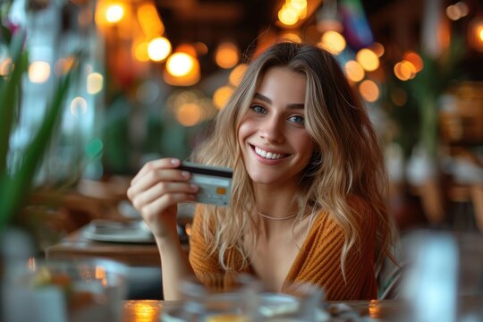 A happy woman enjoying online shopping with her credit card with a empty space, Generative AI.