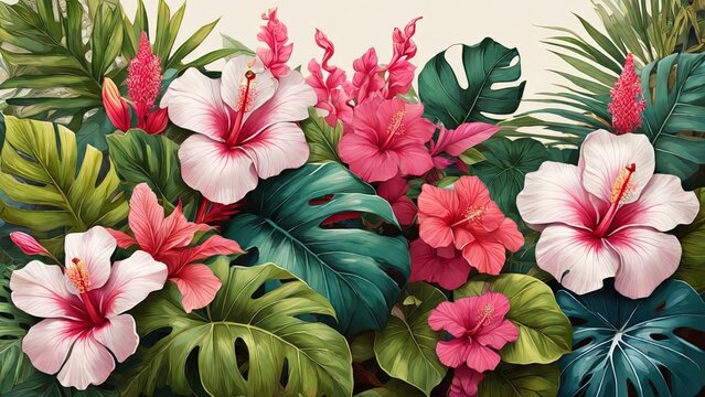 Vibrant tropical floral design, featuring detailed illustrations of pink hibiscus flowers and lush green foliage; ideal for fabric prints, wall art