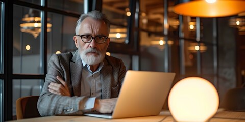Fototapeta premium Senior professional working late in modern office. focused man with laptop. business, technology, and planning concept. evening work session. AI