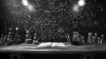 Books, pickers and scientific test tubes sit on the table. Hand drawn background on chalkboard science formula on chalkboard combines technology and education. - obrazy, fototapety, plakaty