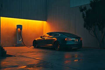 Electric car charging at night with modern design. orange light glow, urban atmosphere. clean energy concept. environmental friendly technology. AI