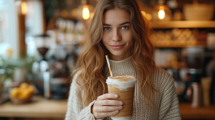 Cafe customer holding a drink with a paper straw 