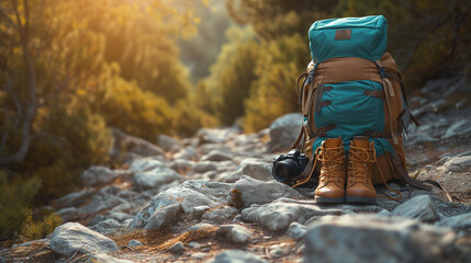 Backpack, hiking boots, and camera on a rocky mountain trail, hinting at an adventurous journey in the wilderness.