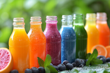 Colorful array of organic smoothier and fresh juices, vibrant fruits and vegetables visible, in glass bottles on a sunny