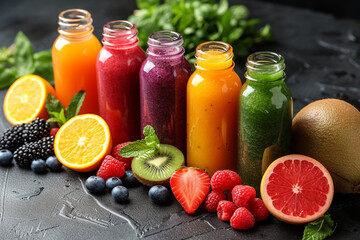 Colorful array of organic smoothier and fresh juices, vibrant fruits and vegetables visible, in glass bottles on a sunny