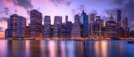 Obraz premium City skyline at dusk with vibrant sky. 