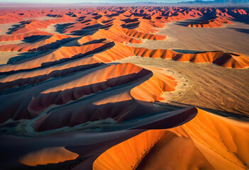 Fototapeta na wymiar Aerial View. Desert. Landscape. Arid. Sand Dunes. Vast. Remote. Barren. Wilderness. Scenic. Dry Terrain. Nature. Aerial Shot. Atmospheric. Wide Open Spaces. AI Generated.