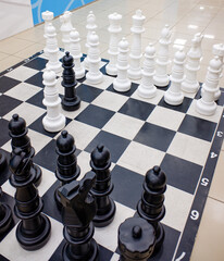 Large white black chess on a board indoors