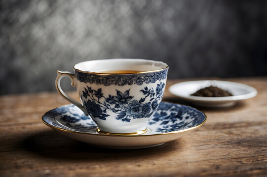 A porcelain or ceramic tea cup with a matching saucer is placed on a wooden table. An ideal choice for content related to World’s Tea Day.