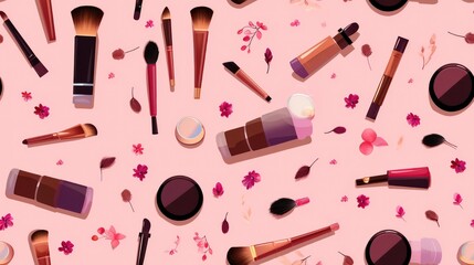 Makeup Products Flat Lay Pattern on Pink Background