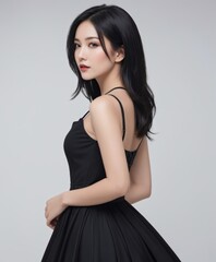 asian woman in a black dress posing for a picture  in a studio