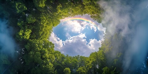 Serene forest clearing with rainbow and clouds, ideal for backgrounds and wallpapers. AI