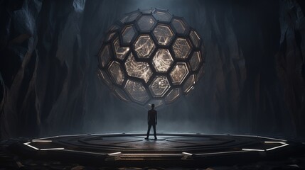 On a raised hexagonal platform made of obsidian, the spotlight emanates a soft glow. Its light casts intricate patterns on a background constructed from a myriad of polygons.