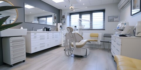 Obraz na płótnie Canvas Modern dental clinic interior with dental chair and tools. clean, bright medical facility. professional healthcare environment. AI