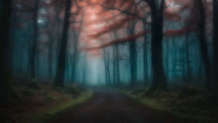 Mysterious Mist-Shrouded Forest Path at Twilight With Ethereal Glow