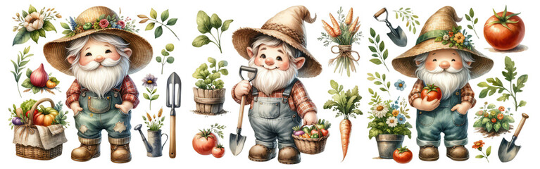 Cheerful Gnome Gardener In Watercolor Style - obrazy, fototapety, plakaty
