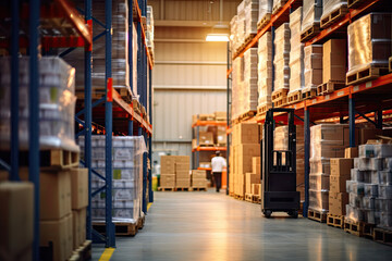Retail warehouse full of shelves with goods in cartons, with pallets and forklifts. Logistics and transportation blurred background. Product distribution - obrazy, fototapety, plakaty