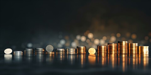 Glowing coins lined up showcasing financial growth, stability, and investment. abstract concept of wealth accumulation. ideal for financial themes. AI - obrazy, fototapety, plakaty