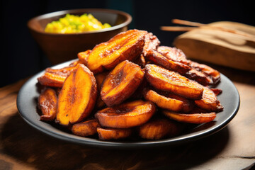 Ripe fried African plantain - local staple food served as meals with sauce or as a side dish in Nigeria, West Africa and other African countries. Deep Fried Nigerian Plantains ready to be served.