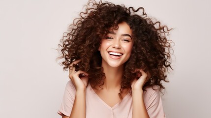 An Overwhelmed Individual with Voluminous Curly Hair Expressing happy smile
