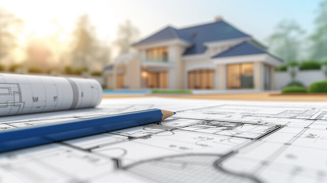 Immobilien Konzept - Bauzeichnung, Grundriss Architekturplan f&uuml;r ein Bauprojekt mit Bleistift vor unscharfem Neubau eines Hauses im Hintergrund  