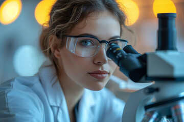 Health researcher using a microscope in a laboratory for medical and scientific experimentation