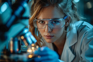 Health researcher using a microscope in a laboratory for medical and scientific experimentation