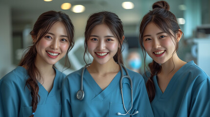 full body shot of trhee beautiful dental hygienists  with having a smartphone and looking into the phone ,smiling ,in simple and shining modern dental clinic