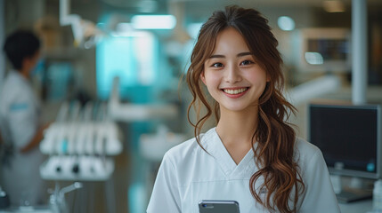 full body shot of trhee beautiful dental hygienists  with having a smartphone and looking into the phone ,smiling ,in simple and shining modern dental clinic - obrazy, fototapety, plakaty
