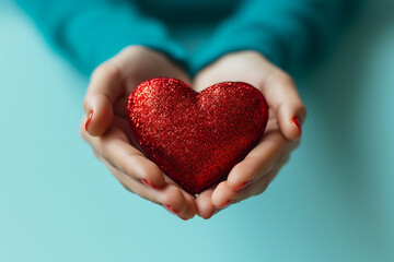 Hands holding a red heart on a blue background