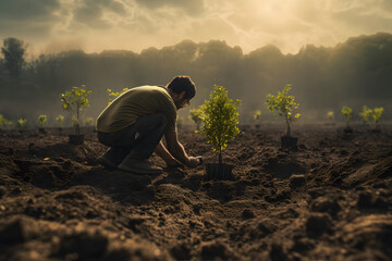 A person planting a tree in a deforested area .A person planting a tree 