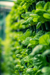 an indoor vertical farm, lush green plants growing in stacked layers, close to the hydroponic systems with clear water flow. Ambient sunlight and artificial LED lights blend, Generative AI