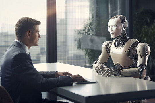 Job interview with futuristic robot in modern office, AI replacing humans, taking our jobs in the future