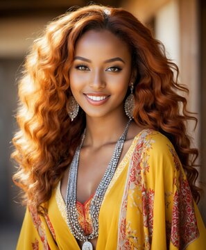 photo of a vivacious Ethiopian supermodel striking eyes voluminous long wavy red hair, happy expression
