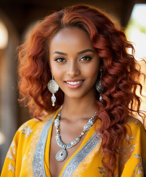photo of a vivacious Ethiopian supermodel striking eyes voluminous long wavy red hair, happy expression