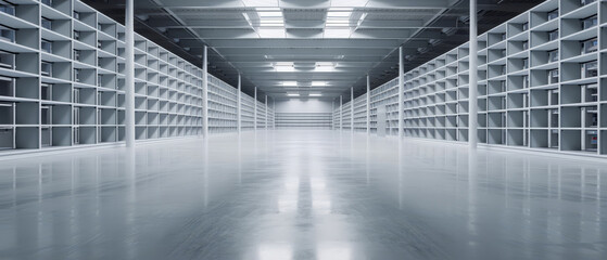 Warehouse; Empty warehouse with modern shelving and clean floor.
