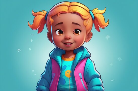 Cute schoolgirl in sweatshirt looking at the frame and smiling, two cute ponytails on her head, blue background, illustration