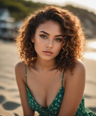 a woman with curly hair sitting on a beach wearing a green dress a