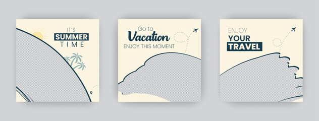 Set of Travel poster design with summer holiday, vacation social media post template banner design. Web poster templates of summer travel vibes.