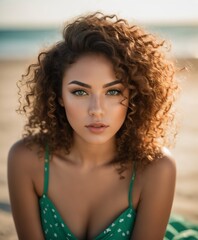a woman with curly hair sitting on a beach wearing a green dress a