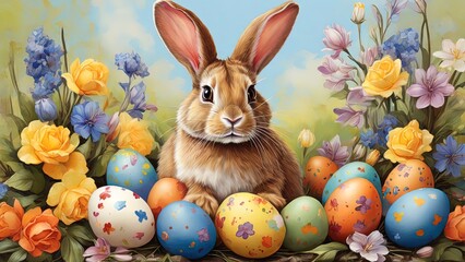 Easter theme image featuring a realistic brown rabbit, colorful eggs, and vibrant flowers, ideal for spring celebrations, greeting cards, and decorations