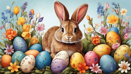 Fototapeta na wymiar Easter theme image featuring a realistic brown rabbit, colorful eggs, and vibrant flowers, ideal for spring celebrations, greeting cards, and decorations