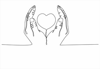 Continuous one line drawing. hands holding heart on white background. Black thin line of hand with heart image.