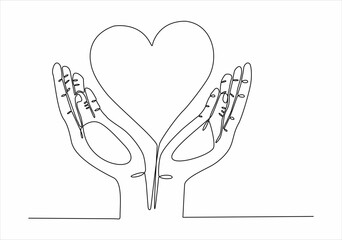 Continuous one line drawing. hands holding heart on white background. Black thin line of hand with heart image.