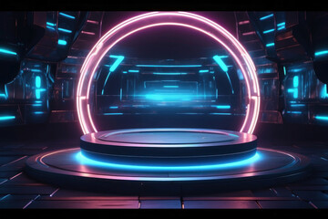 Obraz premium Podium light hologram tech technology background portal circle cyberpunk effect digital. Game element podium hologram light blue hud vector 3d future futuristic data concept neon vr fi abstract cyber