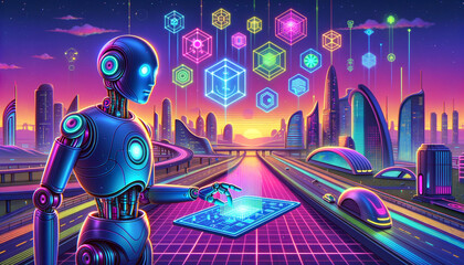 Futuristic Robot Interacting with Floating Geometric Shapes in a Vibrant Cityscape.