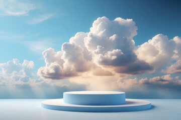 Cloud background podium blue 3d product sky white display platform render abstract stage pastel scene. Podium stand light minimal cloud background studio dreamy pedestal backdrop png smoke geometric.