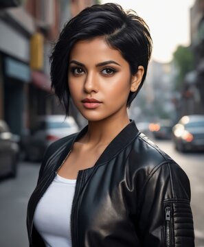 a indian woman in a black top and a black jacket 
